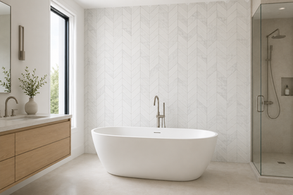 Daltile Famed Chevron Microban Fortune Polished 10" x 12" Marble Mosaic Tile | Spotlight Savings