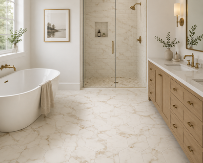 Marazzi Marble Obsession 8 in Hexagon Mosaic - Calacatta Gold 9.370 | Spotlight Savings