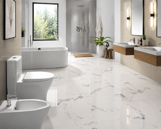 Topcu Carrara Polished 24" x 48" Porcelain Tile | Spotlight Savings